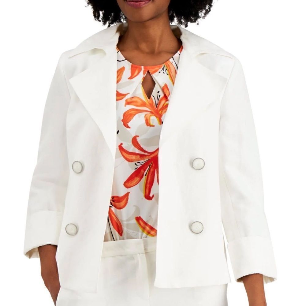 Kasper White Pocketed Faux-double-breasted Open Cuffed Sleeve Jacke Size 12